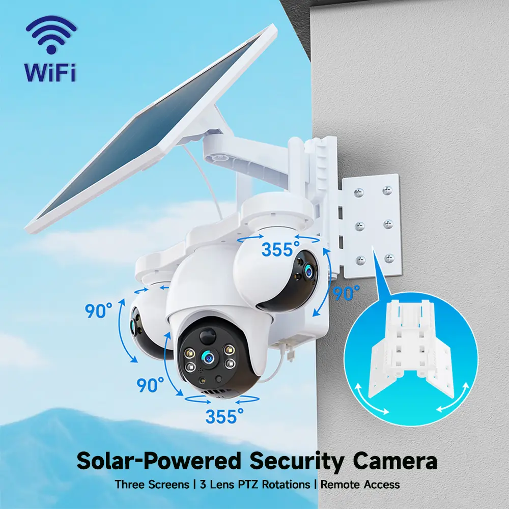 XIAOVV 8MP WiFi Outdoor Solar Powered Security Camera | Triple Lens Triple Screen PTZ Auto Tracking,355 Degree Horizontal & 90 Degree Vertical Rotation, Motion Tracking, PIR Human Detection,Two-Way Audio, Full-Color Night Vision, Alarm Push Notifications