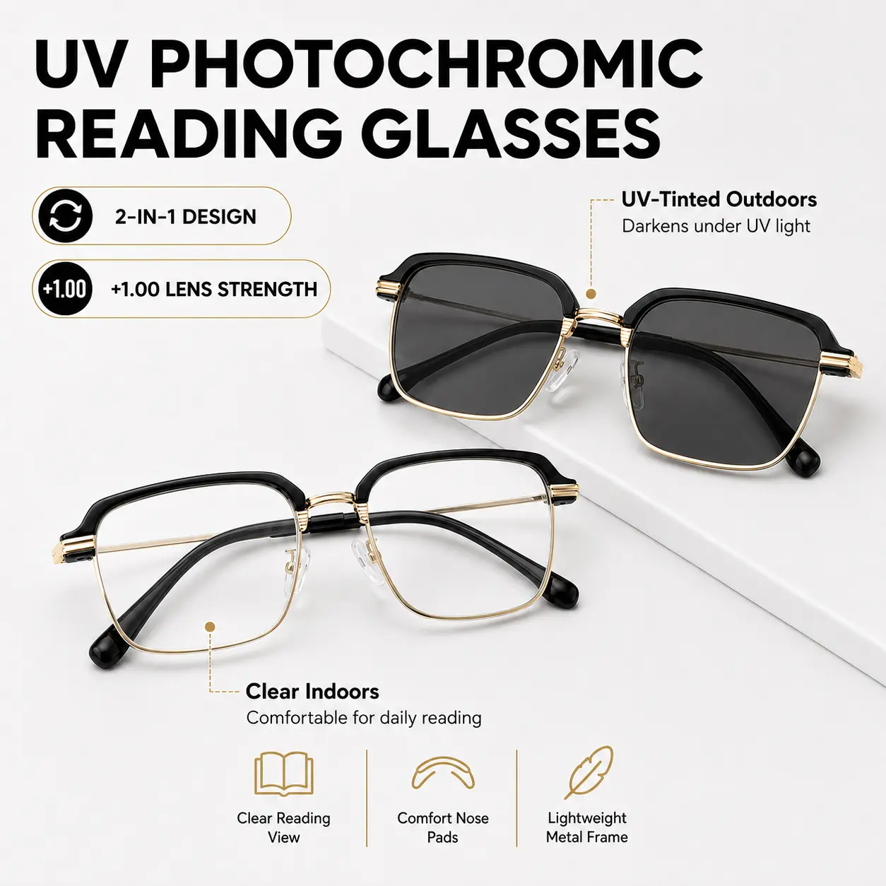 UV-Induced Photochromic Reading Glasses +1.00 for Ages 40-45, Anti Blue Light UV Protection Readers, Black Gold Lightweight Eyeglasses for Men Women, Work Travel Everyday Wear, SummerVibes