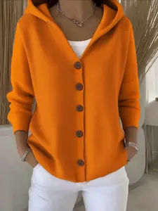 Women's Casual Solid Color Hooded Cardigan, Fall & Winter Long Sleeve Knit Sweater V Neck Button Front, Loose Fit Fashion Essential