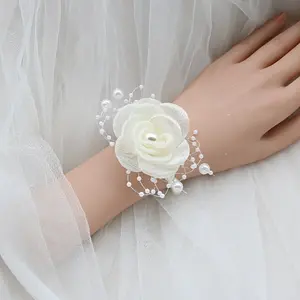1 Elegant Bridal & Bridesmaid Wrist Corsage - Romantic White Rose with Pearl Accents, Polyester & Spandex, Korean Style Wedding Hand Flower for Sisters & Dance Performances, Wedding Dresses for Bride