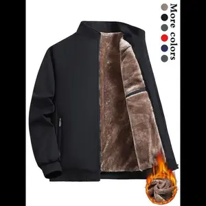 Men's Solid Color Zip Up Thermal Lined Fleece Jacket, Regular Fit Casual Long Sleeve Zip Front Outerwear for Fall & Winter, Men's Clothes for Daily Wear