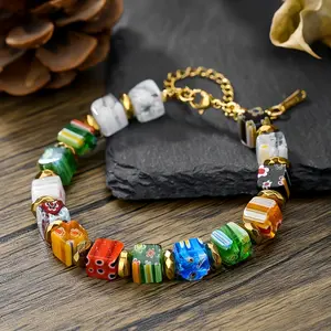 Handcrafted Millefiori Glass Bead Bracelet with Sweet Colorful Floral Patterns Unisex Accessory for Parties Birthdays and Thanksgiving Gifts