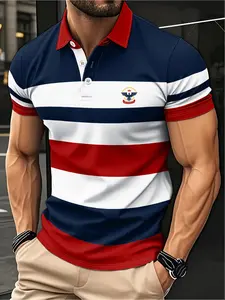Men's polo shirt, summer outdoor casual round-neck short-sleeved striped top Graphic printed loose-fit T-shirt for men