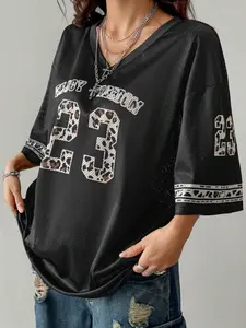 [Plus Size] Number & Leopard Print V Neck Football Jersey, Plus Casual Y2k Short Sleeve T-shirt for Summer, Women's Plus Clothing for Daily Wear, Womenswear Top, Streetwear
