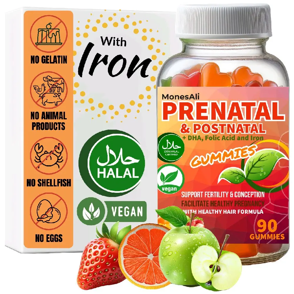 MonesAli Prenatal and Postnatal Vitamin Gummies - Halal, Vegan, Gluten-Free Natural Health Supplement with Folic Acid, Folate, Iron (90 Count)