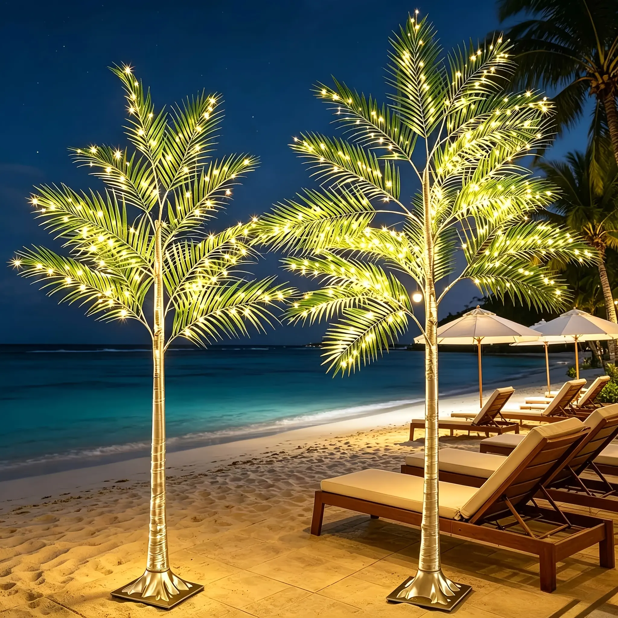 50.39/62.2/74.02inch Artificial LED Palm Tree Suitable for Poolside, Camping, Weddings & Parties - Self-Lit Golden Trunk with 8 Lighting Modes, / Decoration, Low Voltage for /Pets, Plastic -Standing Palm Tree