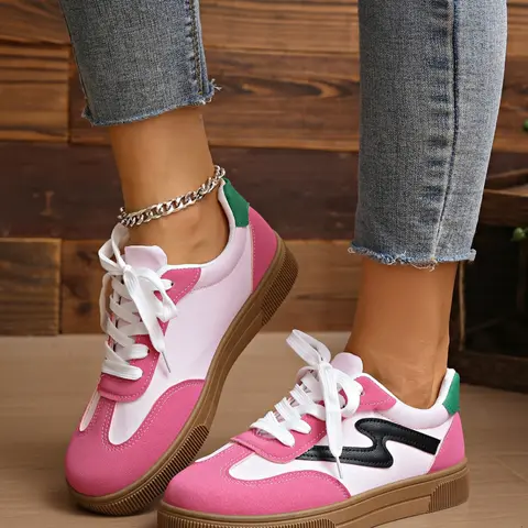 Women's Thick-Soled Fashion Casual Athletic PU Leather Sneakers, Trainer, Lace Up Sneaker, Stylish and Comfortable Walking Shoes for Daily Wear, Ideal for Leisure Activities, Trendy Walking Sneakers