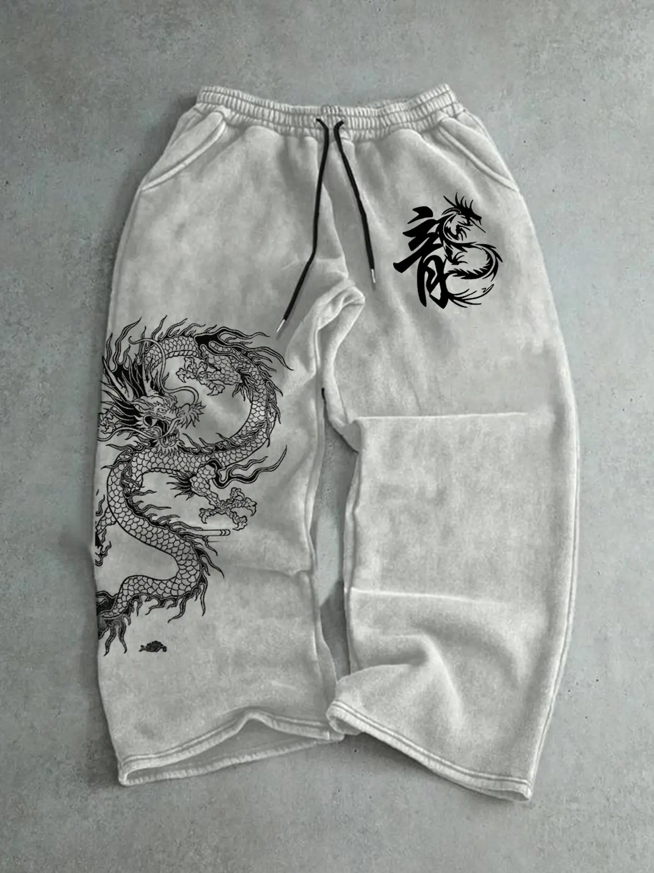 Men's Straight Leg Sweatpants, Japanese Dragon Pattern & Kanji Print, Elastic Waist Drawstring, Soft Street Style Long Pants, Side Pockets, Casual Elastic Waist, Casual Comfy Trousers, Adjustable Drawstring Pants