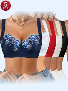 Ecomilky 5PCS Women Sexy Lace Comfortable Bra Wide Straps Not Easy To Fall Off Push Up With Comfortable Skin-friendly Fabric Womenswear Elegance push up bra bra bras for women