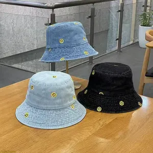 Unisex Plain 2026 Denim Bucket Hat, Spring-Summer Sun Protection Headwear, Japanese-Style Minimalist Hat With Smiley-Face Embroidery, Harajuku Retro Casual Accessory for Daily Outings, Street Wear