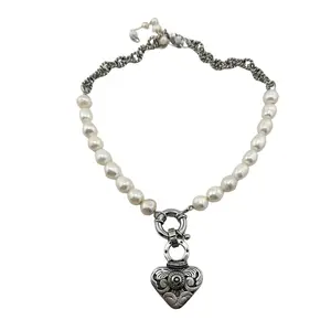 Build Your Own - Pearl Necklace With Interchangeable Pendant Choice - 16" Freshwater Pearl Rope Chain Link Necklace with Spring Ring
