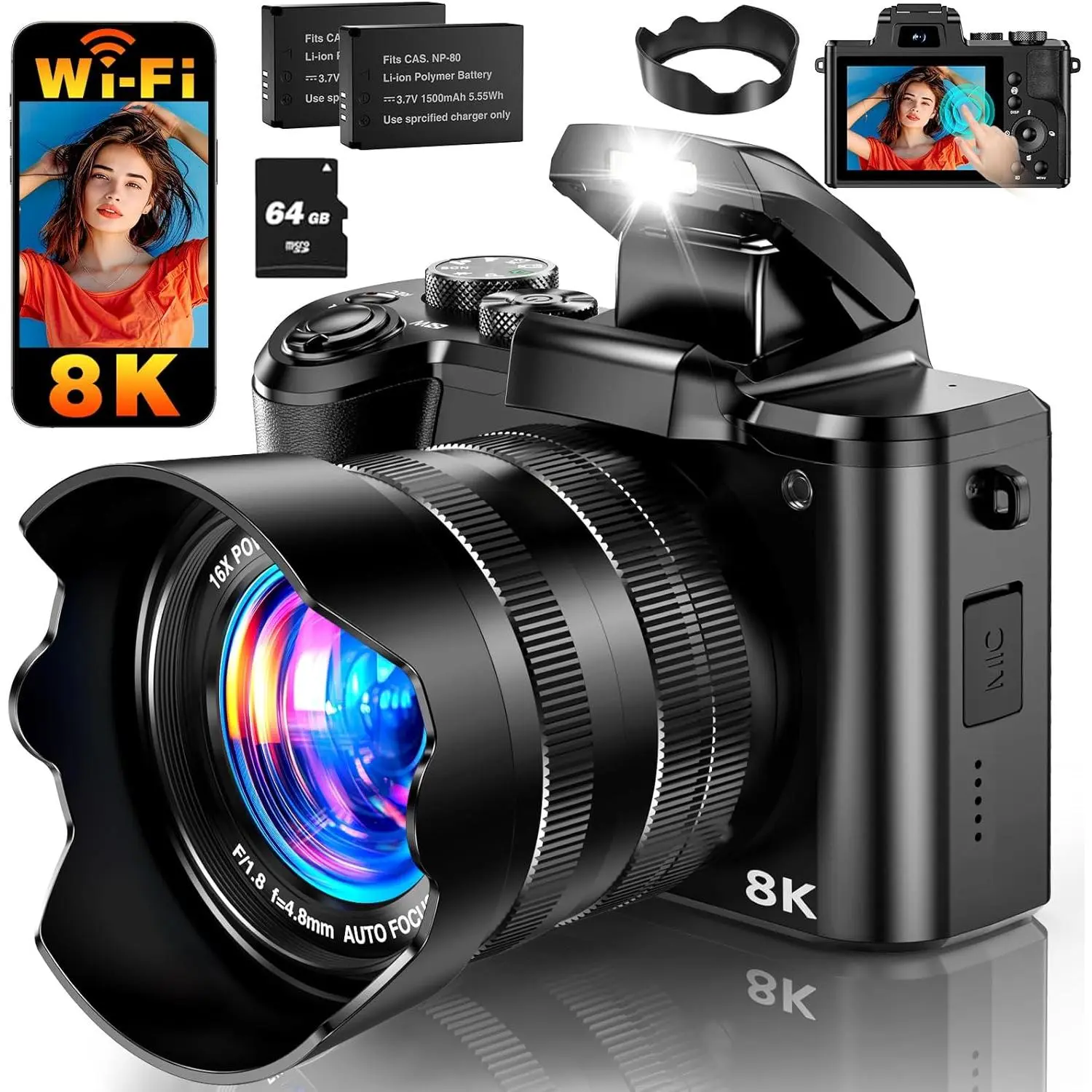 8K Digital Camera, 88MP WiFi Cameras for Photography with 3.2" Touchscreen, 16X Zoom Autofocus Professional  Camera, Anti-Shake, 2 , 64GB Card, Flash, Lens