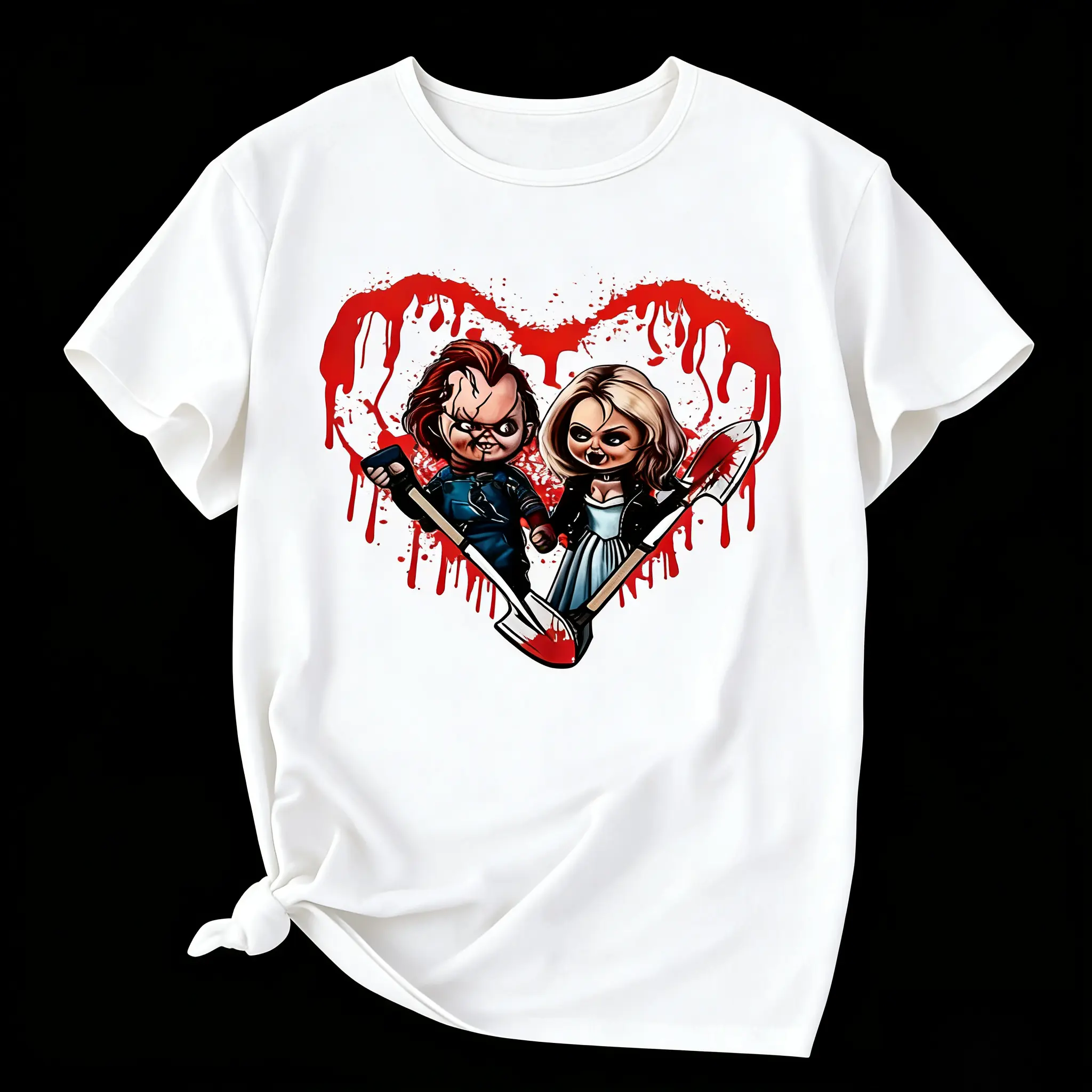 Y2k Women's Casual Halloween Chucky Graphic T-Shirt Black Horror Movie Tee with Red Heart Knife Design Themed Party Clothing Playful Spooky Print Cotton Unisex Graphic T-Shirt Machine Washable Women Tops women's  graphic  tees