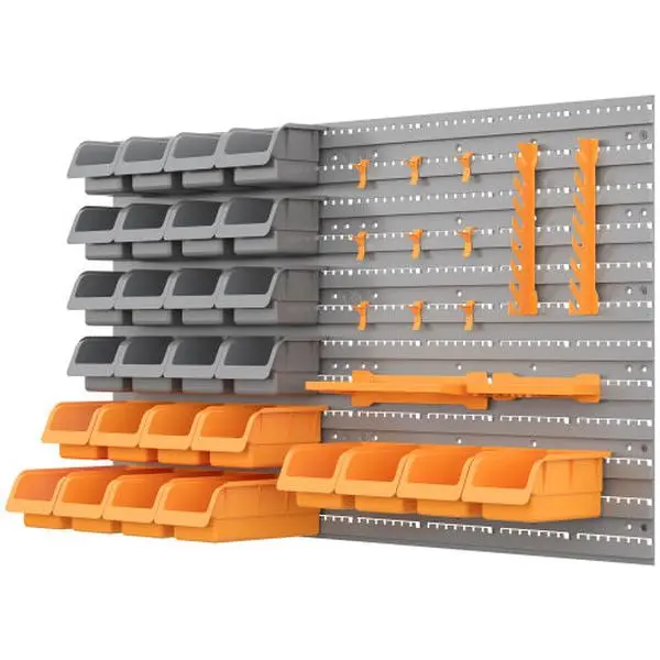 DURHAND 44-Piece Wall Mounted Pegboard Hand Tools Storage Organizer - Stackable Storage Bins (2 lbs Small, 3 lbs Medium Adjustable and Removable PP Plastic), 21.25" W x 8.75" D x 37.5" H Indoor Vertical/Horizontal Open Access 66lb Capacity Organizer