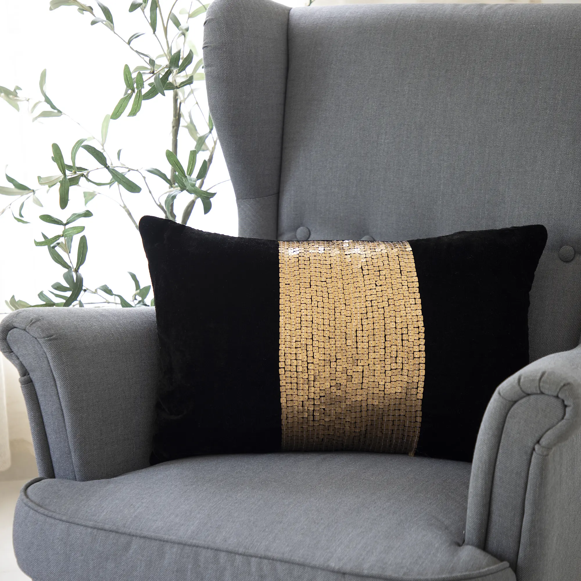 Sequined Lumbar Throw Pillow – 16" x 24", Soft Polyester Blend – Glam Modern Décor
