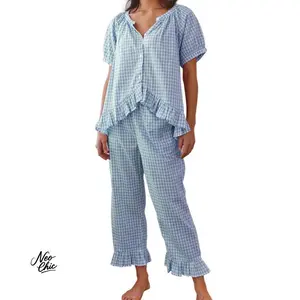 Versatile Soft 2025 Spring Women's Plaid Pajama Set �C Trendy Tie-Front Puff Sleeve Top & Gingham Pants, Soft & Breathable for Lounging, Cute & Comfortable Sleepwear for Cozy Nights
