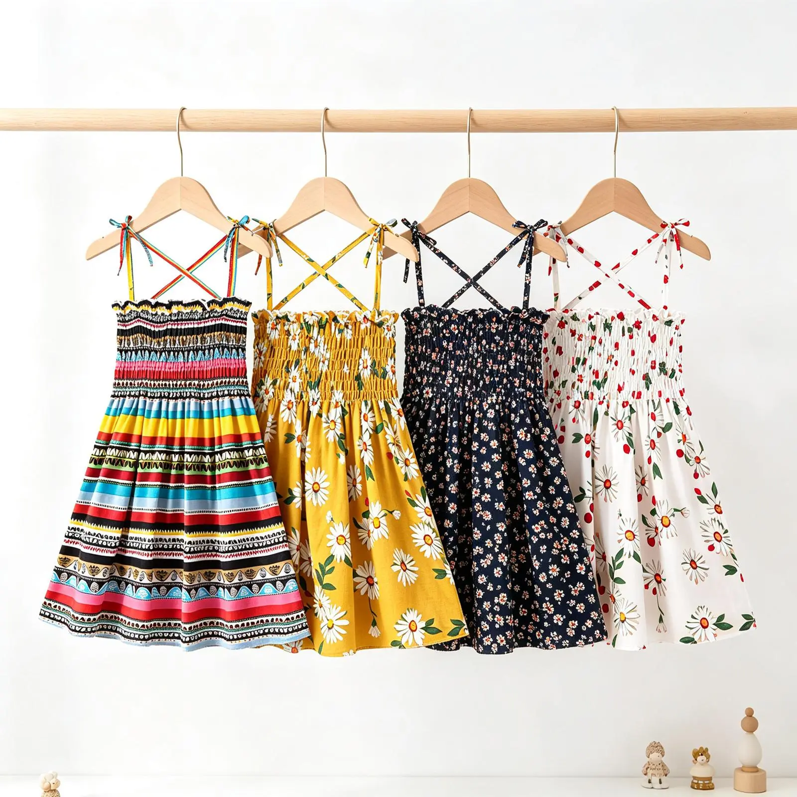 Little Girl’s Lace-Up Suspender Dress Fashion Stripe/Floral Pleated High Waist A-line Princess Dress