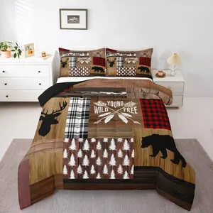 Feelyou Retro Cabin Comforter Set - Rustic Adventure Bear Deer Bedding, Hunting Wildlife Duvet Insert, Plaid Lodge Farmhouse Home Decor, Rustic Farmhouse Decor, Multi-Size Travel-Friendly RV Camping Bedding
