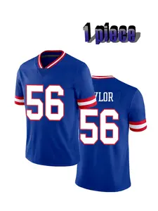 Men's American Football Jersey 56 Blue Vintage Embroidered Casual Training T-Shirt, Sporty V-Neck Short Sleeve, Loose-Fitting Long Crop Top, Jersey Shirts