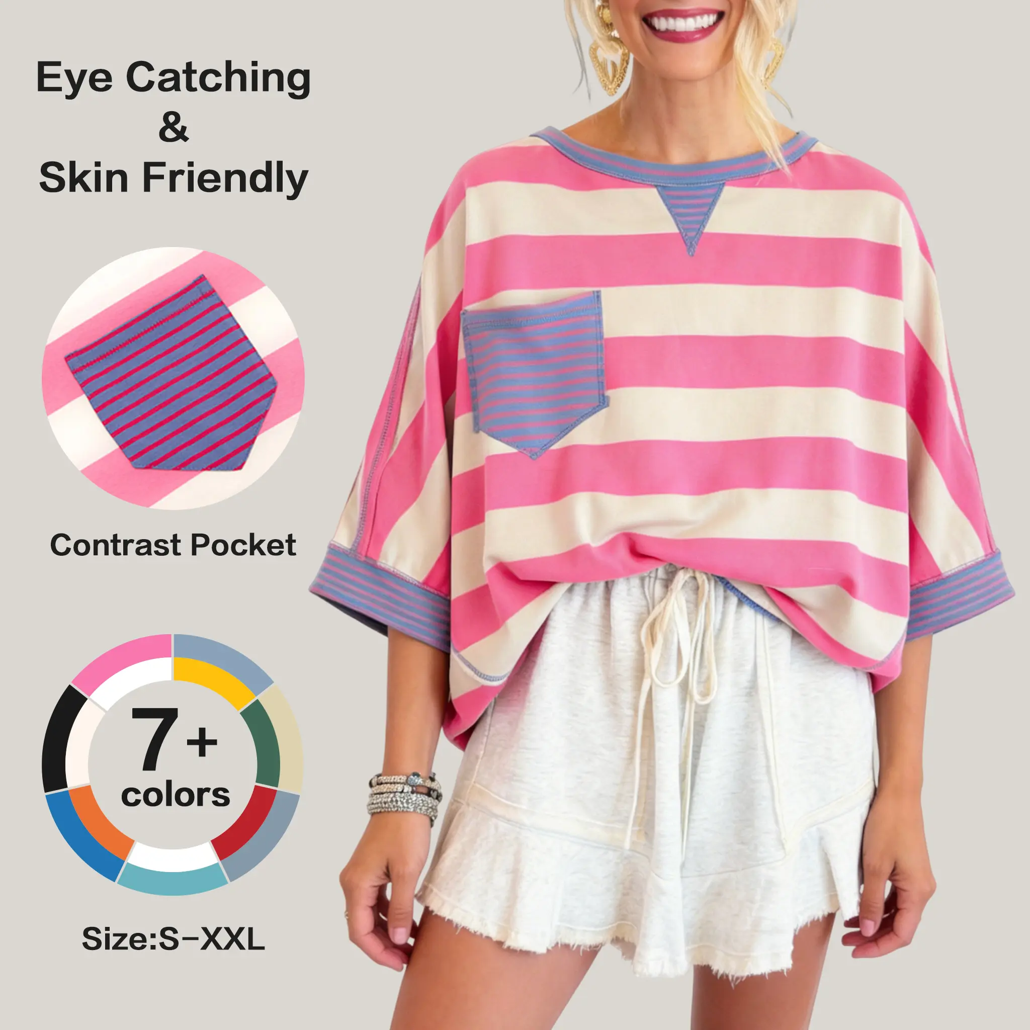 Fisoew Women's Cotton Oversize Baggy Striped Drop-Shoulder Pocket Top, Half-Sleeve Lady's Casual Blouses for Daily Wear & Vacation summerwins,summeroutfits,vacationoutfits,beachoutfits #Summerwins #DealsForYouDays