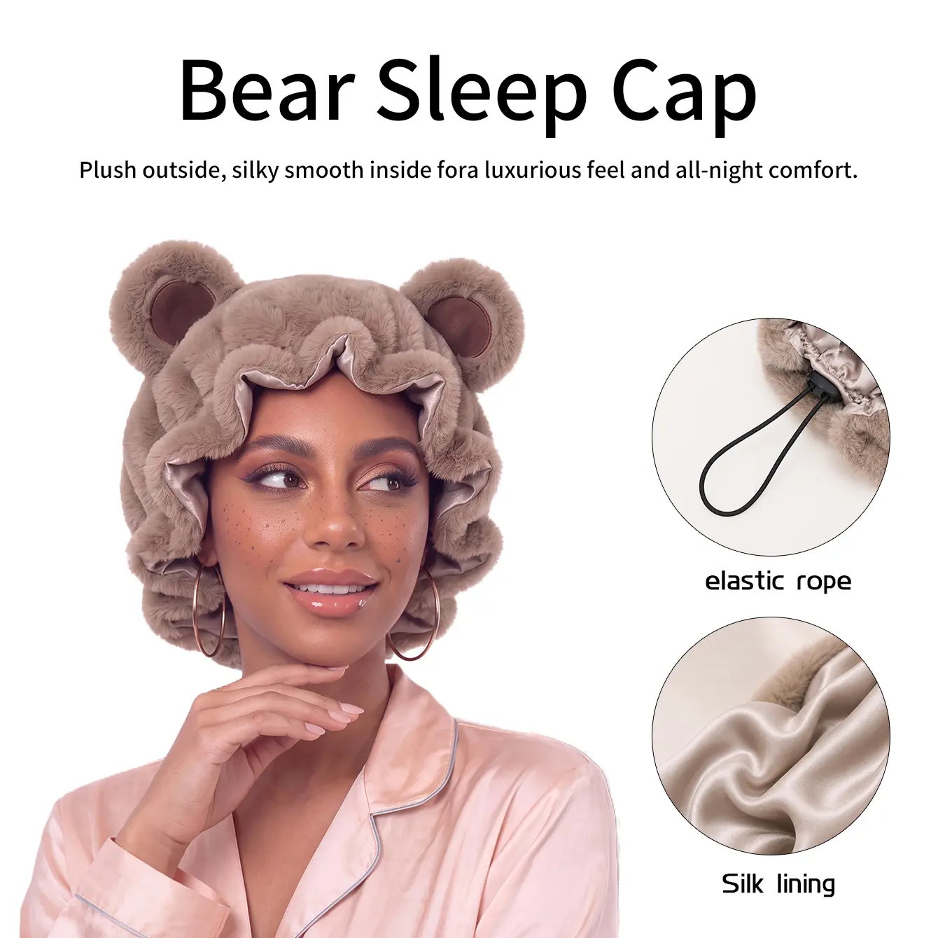 Original Design Bear Ear Plush Sleep Hair Bonnet Ruffle Satin Lining Wide Hair Wrap Soft Fluffy Cap for Overnight Hair Protection Facial Skincare Makeup  Silk  Band Sleep Cap 