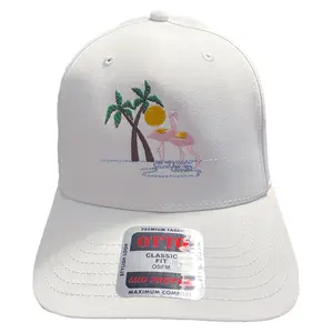 Sunny Flamingos Embroidered Hat OSFM One Size Fits All 6 1/2 - 7 5/8 Mid Profile 6 Panel Design Stretchable T4 Polyester Twill Micro Mesh Sweatband