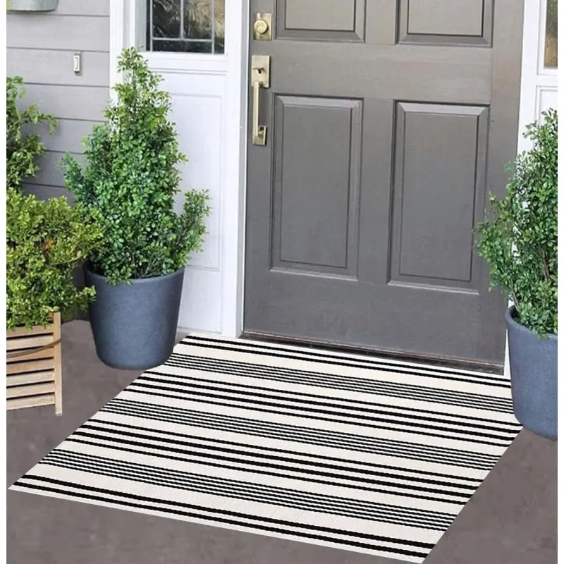 24''x35'' Black and White Striped Durable Entrance Doormat - Decorative Rug, Machine Washable Rugs, Hand-Woven Home Decor for Front Porch, Laundry Room