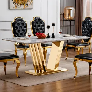 70 inch rectangular imitation marble dining table 6 people marble dining table with mirrored stainless steel base, modern large size marble kitchen dining table（Only the dining table.）