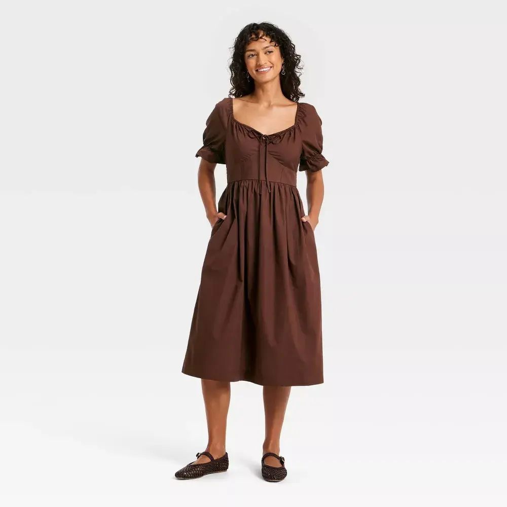 Women's Puff Elbow Sleeve Midi A-Line Dress - Universal