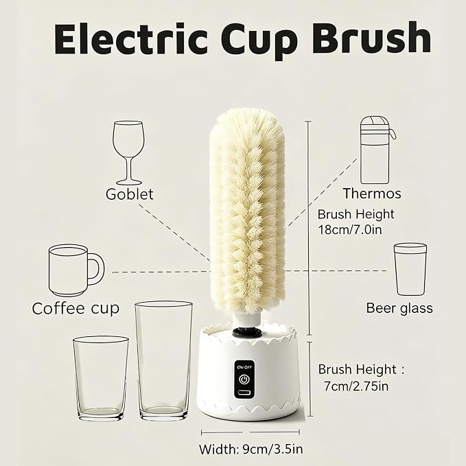Electric Cup Brush 360° Spinning Bottle Cleaner - Rechargeable Handheld & Wall Mount, IPX5 Waterproof for Thermos, Glasses, Baby Bottles