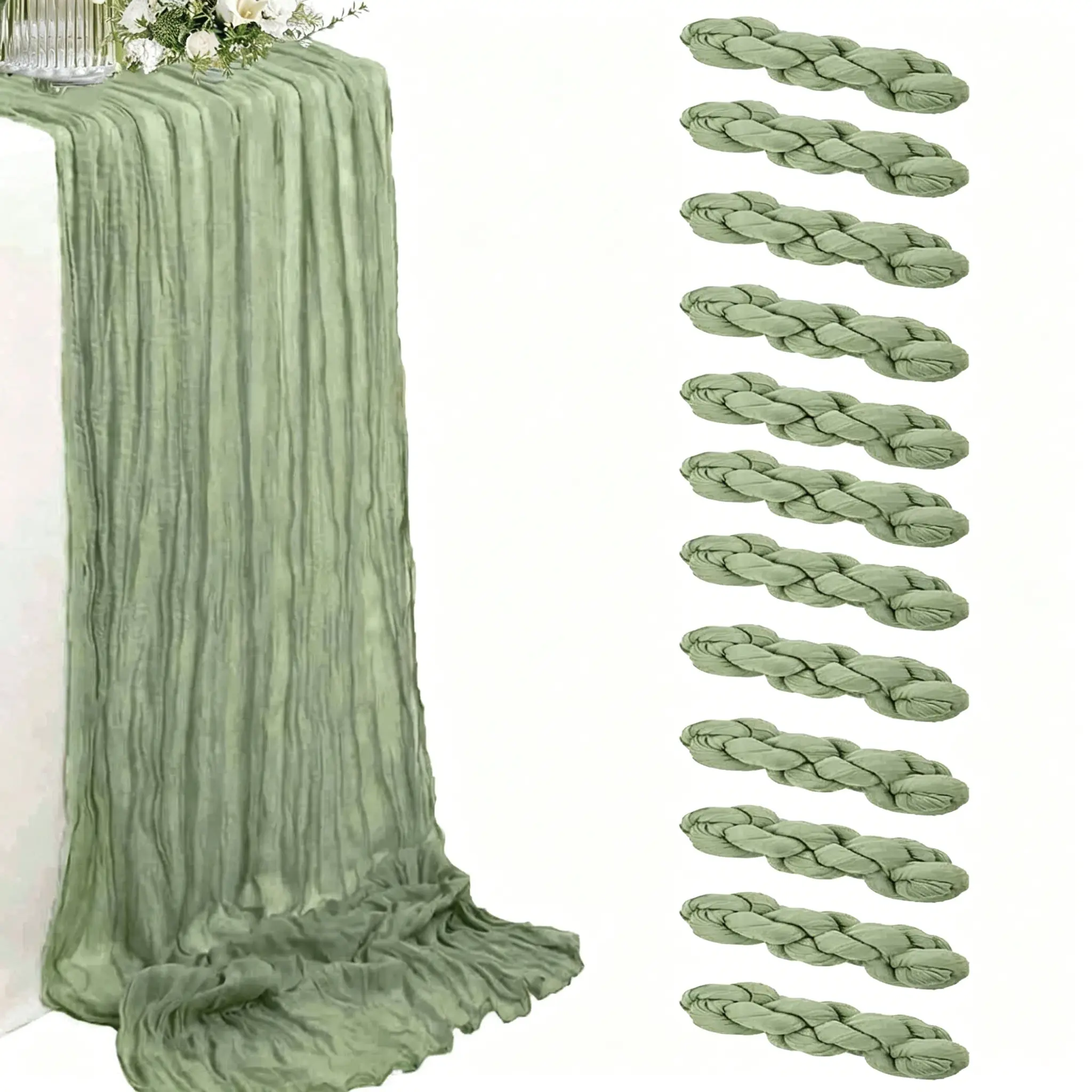 1/12Pcs Boho Cheesecloth Table Runner, Romantic Pleated Gauze Rustic Sheer Tablecloth for Wedding Reception, Bridal Baby Shower, Birthday Party, Cake Table Decor, Home Kitchen Decorations, Event Supplies.
