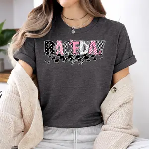 "Race Day Vibes" Racing Girl T-Shirt - Checkered Flag Race Mom Outfit - Trendy Motorsport Style Shirt - Summer Game Day Gift for Women - Aesthetic Racing Tee
