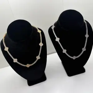 Brass Cubic Zirconia Four Leaf Clover Platinum Plated Tennis Necklace Elegant Design