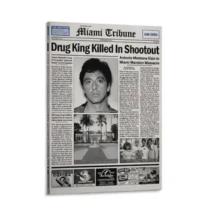 Vintage Scarface Tony Montana Newspaper Style Canvas Wall Art - Drug King Killed In Shootout Retro Movie Poster, Miami Mansion Scene & Newspaper Print, Great Conversation Starter for Home Bar, Office & Game Room Decor