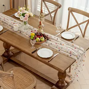1pc Embroidered Colorful Flower Table Runner - Natural Style + Multiple Sizes Available + Washable, for Round/Long/Square Table, Dining Room/Living Room/Outdoor/Picnic/Camping/Backyard/Festival, Can be Used as Tablecloth/Curtain/Drape/Veil/Table Skirt