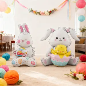 2pcs Easter Standing Bunny Egg Shaped Aluminum Foil Balloons, Balloon Set, Festive Party Background Decorations, Birthday Celebration Atmosphere, Balloon Party Supplies