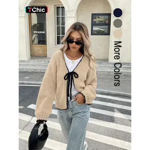 Women’s tie-front long-sleeve cardigan, casual open-front outerwear for daily wear, ladies’ knitwear for spring and fall, knitwear