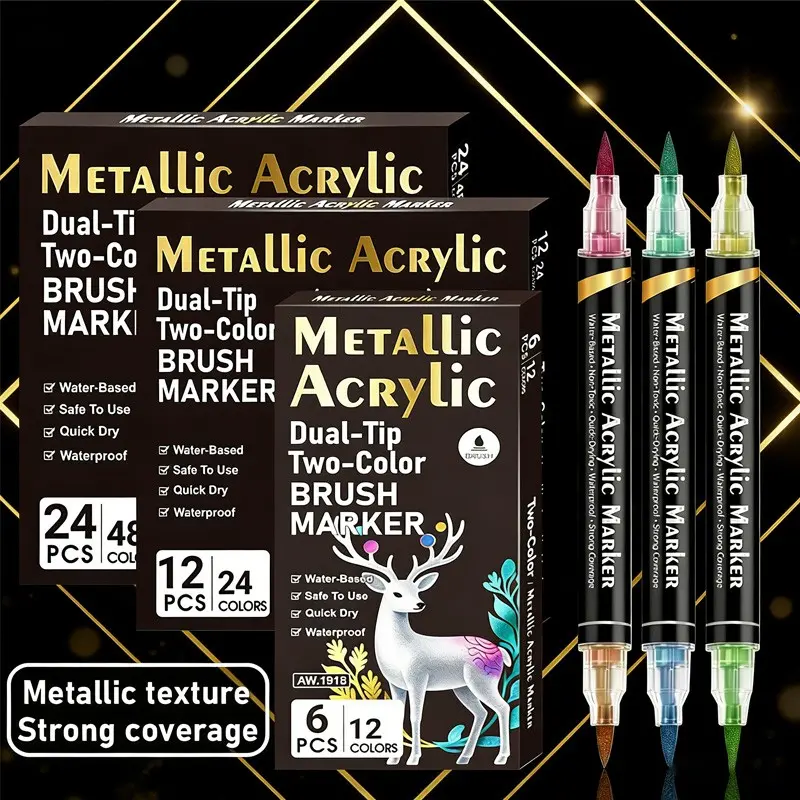 Metallic Acrylic Dual-Head Two-Tone Paint Brush Set 12/24/48 Colors, Perfect for Christmas and New Year Art Projects, Smooth Strokes for Professional Use