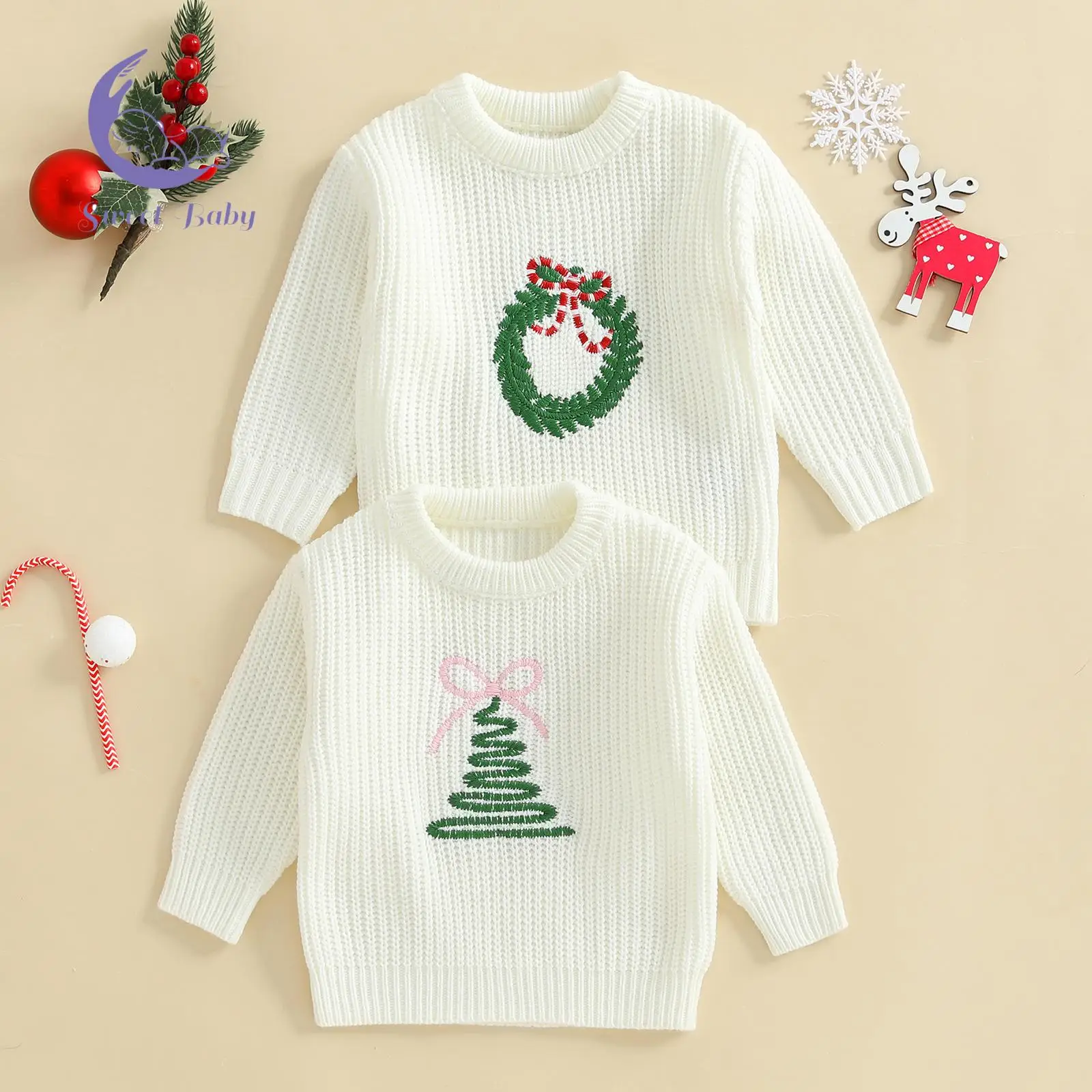 Little Toddler Girl Christmas Sweater Tree/Wreath Embroidered Crew Neck Long Sleeve Pullover Chunky Knit Tops
