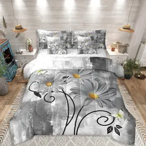 Gray Yellow Bedding Set,7 Pieces Rustic Farmhouse Floral Comforter Set,Grey Gradient Room Decor,Bed In A Bag Farm Daisy Flower Sheet Set with Comforter Wooden Country With Butterfly