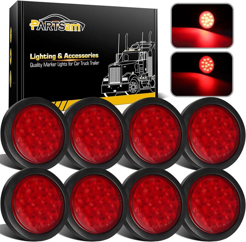 Partsam 4 Inch Round Led Rear Tail Lights Brake Brake Trailer Lights with Rubber Grommets for Trailers RVs Trucks, 8pcs/Set
