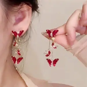 925 Silver Needle Green Red Butterfly Long Tassel Earrings For Women Jewelry 2026 Trending Korean Fashion Crystal Drop Earrings