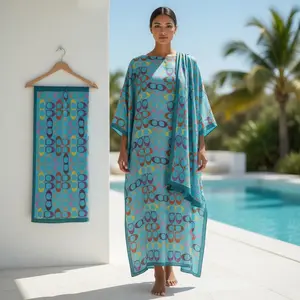 Elegant Geometric Print Robe Set, Hooded Shawl Dress + Headscarf Scarf, Women's Beach Sun Protection Satin Silk Wrap, Casual All Seasons