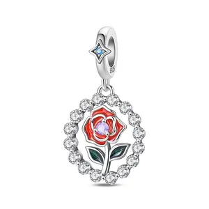 A 925 sterling silver sparkling rose pendant, suitable for original 3mm bracelets, necklaces, keychains, DIY pendant making, suitable for women's gifts, daily birthday parties, holiday gifts