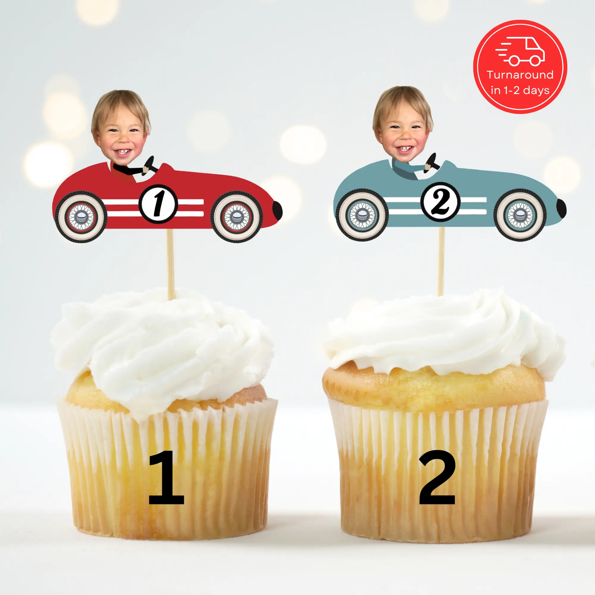 Vintage Race Car Stripes Two Fast Cupcake Topper – Personalized Birthday Party Decor