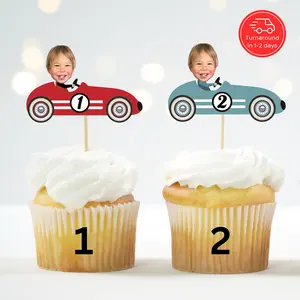 Vintage Race Car Stripes Two Fast Cupcake Topper – Personalized Birthday Party Decor