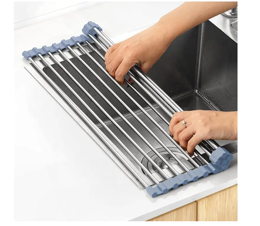 MECHEER Over The Sink Dish Drying Rack, Roll Up Dish Drying Rack Kitchen Dish Rack Stainless Steel Sink Drying Rack, Foldable Dish Drainer, 17.5''x11.8''
