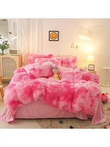 Shaggy Plush Duvet Cover Set Super Soft Fluffy Faux  Comforter Cover Set Luxury Fuzzy Bedding Set 3 count(1Duvet Cover+2Pillowcases) with Zipper Closure( Size,Pink White Ombre)