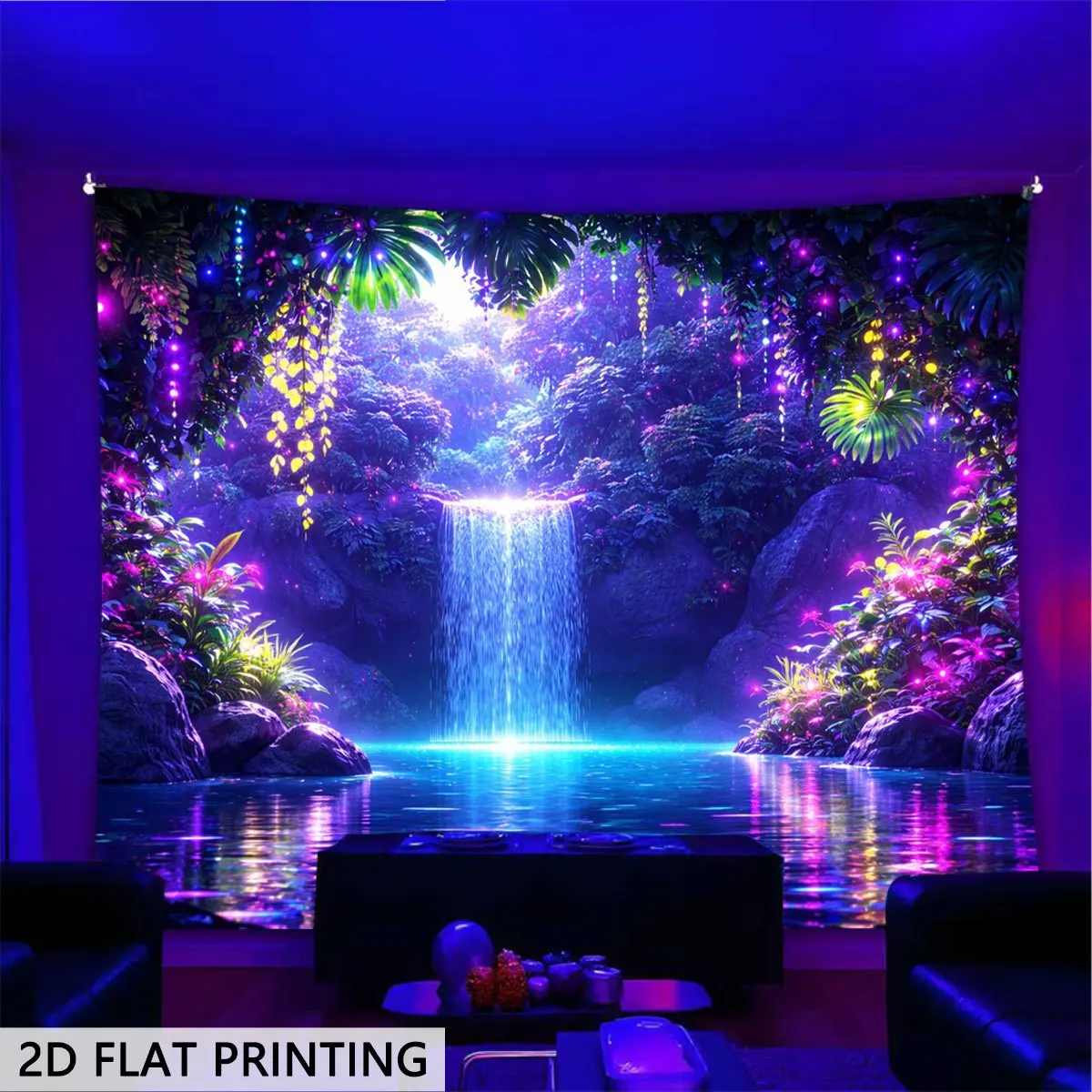 [Glow Dark Tapestry] 2D Flat, Glow in The Dark Tapestry Suitable for Bedrooms, Neon UV-Reactive Wall Hanging with Enchanted Forest & Waterfall Design, UV Compatible Decor for Dorms, Game Rooms, Parties, Glow Under Blacklight for and Office Decoration, 2D