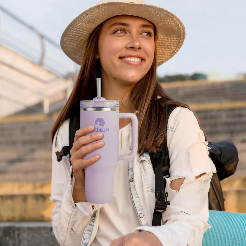 Medelim FlowCup Tumbler 40 Oz Insulated Stainless Steel Light Purple Travel Mug with Handle & Reusable Straw Leak-Proof Lid Car Cup Holder Compatible BPA-Free